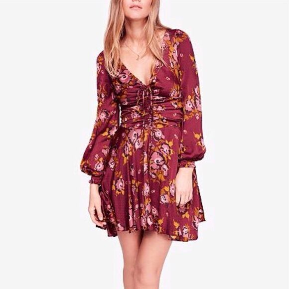 FREE PEOPLE Morning‎ Light Mini Dress Long Sleeve Floral Satin Purple Size 0 New - Picture 16 of 16